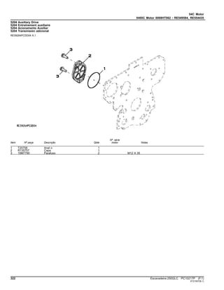 04C Motor
0400C Motor 6068HT062 - RE549584, RE554435
5204 Auxiliary Drive
5204 Entraînement auxiliaire
5204 Acionamento Auxiliar
5204 Transmisión adicional
RE59264PCDD04 A.1
Item Nº peça Descrição Qtde
Nº série
motor Notas
1 T20758 Anel o 1
2 R135757 Capa 1
3 19M7790 Parafuso 2 M12 X 35
322 Escavadeira 250GLC PC10217P (F.1)
ST21557(B.1)
 