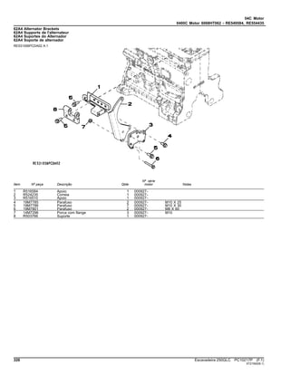 04C Motor
0400C Motor 6068HT062 - RE549584, RE554435
62A4 Alternator Brackets
62A4 Supports de l'alternateur
62A4 Suportes do Alternador
62A4 Soporte de alternador
RE531056PCDA02 A.1
Item Nº peça Descrição Qtde
Nº série
motor Notas
1 R516584 Apoio 1 000927-
2 R524235 Correia 1 000927-
3 R516510 Apoio 1 000927-
4 19M7785 Parafuso 2 000927- M10 X 25
5 19M7786 Parafuso 7 000927- M10 X 30
6 19M7801 Parafuso 2 000927- M8 X 60
7 14M7296 Porca com flange 3 000927- M10
8 R503766 Suporte 1 000927-
326 Escavadeira 250GLC PC10217P (F.1)
ST21562(B.1)
 