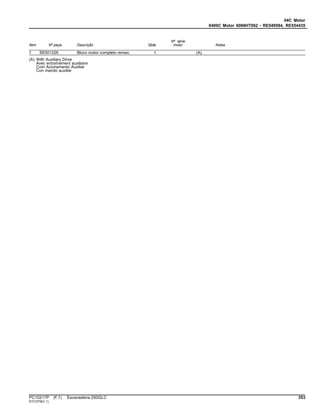 04C Motor
0400C Motor 6068HT062 - RE549584, RE554435
Item Nº peça Descrição Qtde
Nº série
motor Notas
1 SE501226 Bloco motor completo reman. 1 (A)
(A) With Auxiliary Drive
Avec entraînement auxiliaire
Com Acionamento Auxiliar
Con mando auxiliar
PC10217P (F.1) Escavadeira 250GLC 353
ST21578(C.1)
 