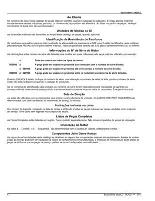 Escavadeira 250GLC
Ao Cliente
Os números de peça neste catálogo de peças estavam corretos quando o catálogo foi publicado. É nossa política melhorar
constantemente nossas máquinas, portanto, os números de peça podem ser alterados. Ao fazer um pedido de peças, verifique
os números de peça com seu concessionário.
Unidades de Medida do SI
As dimensões métricas são fornecidas ao longo deste catálogo de peças, quando aplicável.
Identificação de Resistência de Parafusos
Os parafusos necessários para se obter qualidade de alta-resistência equivalente a SAE grau 8 estão identificados neste catálogo
pela descrição AR SAE 8 (10,9 para sistema métrico). Todos os parafusos padrão são SAE grau 5 (sistema métrico 8,8) ou inferior.
Informações do Nº de Série do Motor
As informações sobre número de série são listadas para mostrar em quais máquinas cada peça pode ser utilizada, por exemplo:
â Pode ser usada em todos os tipos de motor.
000000 â A peça pode ser usada em produtos que começam com o número de série listado.
â 000000 A peça pode ser usada em produtos até (e incluindo) o número de série listado.
000000 â 000000 A peça pode ser usada em produtos entre (e incluindo) os números de série listados.
Quando XXXXXX é listado no lugar do número de série, uma alteração no número de série foi feita, porém o número de série
exato não estava disponível quando o catálogo foi produzido.
Se os números de identificação dos produtos ou números de série forem necessários para requisições de garantia ou
correspondência pertencentes a este produto, é extremamente importante informar todos os caracteres. Este ponto é crucial.
Seta de Direção
As setas são utilizadas com as ilustrações para indicar a parte dianteira da unidade. Os LADOS DIREITO E ESQUERDO são
determinados com base na direção do movimento de avanço do veículo.
Ilustrações inclusas na caixa
Um número de legenda, mostrado na lista de peças, é atribuído a todas as peças inclusas nas caixas vendidas como conjunto
de serviço. Uma caixa sem legenda inclui peças não atuais.
Listas de Peças Completas
As Peças Completas estão listadas em negrito. Faça o pedido separadamente. Não inclua em pedidos de peças de reposição.
Orientação do Motor
Os lados â Direitoâ e â Esquerdoâ são determinados com o usuário ao volante, voltado para o motor.
Componentes John Deere Reman
As peças de serviço listadas neste catálogo se destinam ao reparo dos componentes originais do equipamento. Apesar de muitas
peças de serviço poderem ser utilizadas no reparo de componentes remanufaturados, o processo de remanufatura pode alterar as
peças de tal forma que as peças de serviço podem se tornar inadequadas ou inutilizáveis.
4 Escavadeira 250GLC PC10217P (F.1)
 