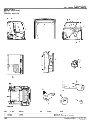 13 Diversos, Veículo
1322 Etiquetas e Marcas Comerciais
Labels and Decals
Étiquettes et autocollants
Etiquetas e Adesivos
Etiquetas y calcomanías
TX1093896 A.1
Item Nº peça Descrição Qtde Nº série Notas
3 R56902 Etiqueta 1 FILTRO DE AR
4 T187757 Etiqueta 1 Advertência - Proteção do Ventilador
400 Escavadeira 250GLC PC10217P (F.1)
ST558944(A.1)
 