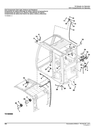 18 Estação do Operador
1810 Compartimento do Operador
Cab Components (Cab Light, Antenna and Speakers)
Composants de cabine (éclairage de cabine, antenne et haut-parleurs)
Componentes da Cabine (Luz, Antena e Alto-falantes da Cabine)
Componentes de cabina (luz interior de cabina, antena y altavoces)
TX1085680 C.1
460 Escavadeira 250GLC PC10217P (F.1)
ST330805(K.1)
 