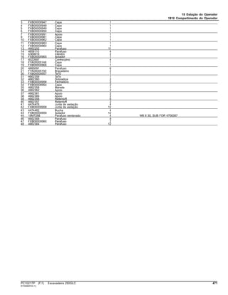 18 Estação do Operador
1810 Compartimento do Operador
3 FXB00000947 Capa 1
4 FXB00000948 Capa 1
5 FXB00000949 Capa 1
6 FXB00000950 Capa 1
7 FXB00000951 Apoio 1
9 FXB00000961 Capa 1
10 FXB00000962 Capa 1
11 FXB00000963 Capa 1
12 FXB00000964 Capa 1
13 4662252 Parafuso 11
14 4658110 Parafuso 4
15 4369619 Cilindro 2
16 FXB00000965 Isolador 1
17 4022697 Contra-pino 4
18 FYA00005148 Capa 1
19 FXB00000966 Capa 1
20 4685091 Parafuso 6
21 FYA00005150 Braçadeira 2
30 FXB00000957 TeTo 1
31 4662359 TeTo 1
32 4662360 Dobradiça 2
33 FXB00000956 Fechadura 2
34 FXB00000954 Capa 2
35 4662358 Manete 1
36 4662362 Apoio 2
37 4662361 Apoio 2
38 4662366 Apoio 2
39 4662356 RetentoR 6
40 4662357 RetentoR 2
41 4474476 Junta de vedação 4
42 FXB00000958 Junta de vedação 12
43 4474482 Bucha 4
44 FXB00000959 Isolador 12
45 19M7288 Parafuso sextavado 4 M8 X 30, SUB FOR 4708387
46 4662368 Parafuso 8
47 FXB00000960 Parafuso 2
48 4662364 Parafuso 12
PC10217P (F.1) Escavadeira 250GLC 471
ST330837(G.1)
 