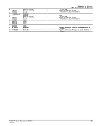 18 Estação do Operador
1810 Compartimento do Operador
0B ........ Parafuso c/arruela 8 J271035 NLA
19M7550 Parafuso sextavado 8 M10 X 35, SUB FOR J901035
24M7346 Arruela 8 11 X 20 X 2 mm, SUB FOR J222010
0E 4662755 Presilha 2
1 FYA00009152 Proteção 1
1A ........ Proteção 1 NLA
1B ........ Parafuso c/arruela 4 J271035 NLA
19M7550 Parafuso sextavado 4 M10 X 35, SUB FOR J901035
24M7346 Arruela 4 11 X 20 X 2 mm, SUB FOR J222010
2 4666221 Apoio 1
3 4666222 Apoio 1
4 4666223 Apoio 1
5 4666224 Apoio 1
6 4666225 Apoio 1
7 4666226 Apoio 1
10 AT390823 Proteção 1 Pacotes de Produto, Proteção Dianteira Superior da
Cabine
20 AT390824 Proteção 1 Pacotes de Produto, Proteção da Janela Dianteira
Inferior
PC10217P (F.1) Escavadeira 250GLC 495
ST403931(J.1)
 