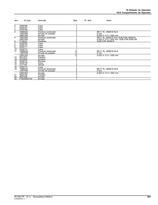 18 Estação do Operador
1810 Compartimento do Operador
Item Nº peça Descrição Qtde Nº série Notas
0 2058766 Capa 1
1 2058767 Capa 1
2 2058768 Capa 1
3 19M8425 Parafuso sextavado 7 M6 X 16, J460616 NLA
12M7006 Arruela de pressão 7 6 mm
24M7293 Arruela 7 6.500 X 13 X 1.600 mm
4 19M7560 Parafuso sextavado 1 M6 X 16, J260616 NLA SUB FOR J900616
24M7054 Arruela 1 6.400 X 12 X 1.600 mm, SUB FOR A590106
5 T108221 Parafuso 2 SUB FOR J650614
7 2058769 Capa 1
8 2058770 Capa 1
9 2058771 Capa 1
10 2058772 Capa 1
11 19M8425 Parafuso sextavado 12 M6 X 16, J460616 NLA
12M7006 Arruela de pressão 12 6 mm
24M7293 Arruela 12 6.500 X 13 X 1.600 mm
12 4651537 Presilha 1
14 4415024 Cinzeiro 1
15 2058775 Bandeja 1
16 2058776 Caixa 1
17 3121182 Tampa 3
18 2058774 Capa 1
19 19M8425 Parafuso sextavado 2 M6 X 16, J460616 NLA
12M7006 Arruela de pressão 2 6 mm
24M7293 Arruela 2 6.500 X 13 X 1.600 mm
21 4653156 Presilha 1
24 4607546 Arruela 2
25 FYA00002134 Arruela 1
PC10217P (F.1) Escavadeira 250GLC 501
ST403937(H.1)
 