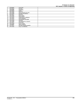 18 Estação do Operador
1821 Assento e Cintos de Segurança
2 AT403884 Guarnição 1
3 AT417623 Encosto 1
4 AT403886 Guarnição 1
5 AT417624 Coxim 1
6 AT417625 Estrutura 1
7 AT417629 Conj. de peças da mola 1
8 AT417628 Kit botão do assento 1
9 AT417631 Estrutura 1
10 AT417630 Kit do coxim 1
11 AT417635 Pára-choque 1
12 AT417645 SuSpenSão do aSSento 1
13 AT417643 Kit do ajustador 1
14 AT417633 Amortecedor de torção 1
15 AT417648 Ajustador 1
16 AT417646 Kit suspensão do assento 1
17 AT417647 Kit do pivô 1
18 AT417636 Kit da correia 1
19 AT403887 Apoio p/cabeça 1
20 AT417627 Kit cabo de ajuste assento 1
21 AT417634 Conj. do rolamento 1
PC10217P (F.1) Escavadeira 250GLC 511
ST725467(D.1)
 