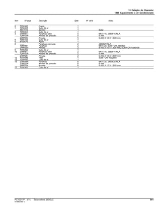 18 Estação do Operador
1830 Aquecimento e Ar Condicionado
Item Nº peça Descrição Qtde Nº série Notas
0 7058382 Grade 1
1 7058363 Duto de ar 1
4647815 SenSor 1 Solar
2 7058364 Duto de ar 1
3 21M7577 Parafuso allen 5 M6 X 16, J680616 NLA
12M7006 Arruela de pressão 5 6 mm
24M7054 Arruela 5 6.400 X 12 X 1.600 mm
5 7058402 Duto de ar 1
6 8100576 Apoio 1
8 ........ Parafuso c/arruela 2 J260820 NLA
19M7881 Parafuso 2 M8 X 20, SUB FOR J900820
24M7055 Arruela 2 8.400 X 16 X 1.600 mm, SUB FOR A590108
9 7058366 Duto de ar 1
10 21M7577 Parafuso allen 2 M6 X 16, J680616 NLA
12M7006 Arruela de pressão 2 6 mm
24M7054 Arruela 2 6.400 X 12 X 1.600 mm
12 4S00686 Filtro 1 SUB FOR 4632689
13 7058400 Duto de ar 1
15 21M7466 Parafuso 6 M6 X 30, J460630 NLA
12M7006 Arruela de pressão 6 6 mm
24M7054 Arruela 6 6.400 X 12 X 1.600 mm
17 7058365 Duto de ar 1
PC10217P (F.1) Escavadeira 250GLC 541
ST386239(F.1)
 