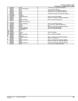 19 Chapa de Metal e Estilo
1910 Capô ou Compartimento do Motor
3 24M7346 Arruela 13 11 X 20 X 2 mm, (SUB FOR DH400703)
4 4657929 Caixa de ferramentas 1
6 14M7274 Porca 4 M10, (SUB FOR J950010)
7 24M7028 Arruela 4 10.500 X 20 X 2 mm, (SUB FOR A590110)
8 24M7028 Arruela 2 10.500 X 20 X 2 mm, (SUB FOR A590110)
9 7049994J Degrau 1
11 24M7345 Arruela 2 13.500 X 24 X 2.500 mm, (SUB FOR J222012)
13 DH800108 Suporte 1
14 DH400660 Braçadeira 1
15 19M7184 Parafuso sextavado 2 M8 X 55, (SUB FOR J900855)
16 24M7055 Arruela 2 8.400 X 16 X 1.600 mm, (SUB FOR A590108)
17 4676839 Capa 1
19 19M8011 Parafuso sextavado 2 M12 X 30, (SUB FOR J921230)
21 4675257 Espelho 1
22 ........ Película anti-derraPante 1
23 FF105054 Capa 1
24 19M7662 Parafuso sextavado 4 M10 X 30, (SUB FOR J901030)
25 24M7346 Arruela 4 11 X 20 X 2 mm, (SUB FOR DH400703)
30 7059432 Corrimão 1 RH
31 24M7345 Arruela 4 13.500 X 24 X 2.500 mm, SUB FOR J222012
32 19M7363 Parafuso sextavado 2 M12 X 60, SUB FOR J921260
33 19M7493 Parafuso sextavado 2 M12 X 40, SUB FOR A590108
34 4274478 Farol dianteiro 1
34A 4285646 Lente 1
34B 4285647 Aro 1
34C AT135758 Lâmpada 1 SUB FOR 4285648
34D 4288342 Junta 1
34E 19M8425 Parafuso sextavado 2 M6 X 16, SUB FOR J900616
35 8100886 Capa 1
36 4631659 Fechadura 1
37 19M8425 Parafuso sextavado 2 M6 X 16, J260614 NLA SUB FOR A590106
24M7054 Arruela 2 6.400 X 12 X 1.600 mm
38 8100524 Trava 1
39 19M7162 Parafuso sextavado 2 M8 X 16, J260816 NLA, SUB FOR J900816
24M7055 Arruela 2 8.400 X 16 X 1.600 mm, SUB FOR A590108
40 4335429 Bucha 1
41 19M7402 Parafuso sextavado 3 M10 X 25, J271025 NLA, SUB FOR J901025
24M7346 Arruela 3 11 X 20 X 2 mm, SUB FOR J222010
PC10217P (F.1) Escavadeira 250GLC 565
ST318216(I.1)
 