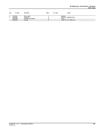 20 Segurança, Conveniência e Diversos
2001 Rádio
Item Nº peça Descrição Qtde Nº série Notas
0 4714376 Kit do rádio 1 Módulo
1 21M7267 Parafuso 2 M6 X 20, J460620 NLA
12M7006 Arruela de pressão 2 6 mm
24M7293 Arruela 2 6.500 X 13 X 1.600 mm
PC10217P (F.1) Escavadeira 250GLC 571
ST399243(C.1)
 