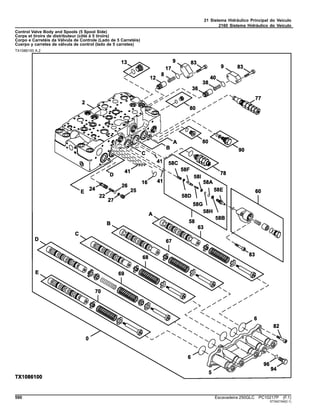 21 Sistema Hidráulico Principal do Veículo
2160 Sistema Hidráulico do Veículo
Control Valve Body and Spools (5 Spool Side)
Corps et tiroirs de distributeur (côté à 5 tiroirs)
Corpo e Carretéis da Válvula de Controle (Lado de 5 Carretéis)
Cuerpo y carretes de válvula de control (lado de 5 carretes)
TX1086100 A.2
590 Escavadeira 250GLC PC10217P (F.1)
ST342154(D.1)
 