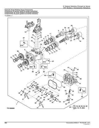 21 Sistema Hidráulico Principal do Veículo
2161 Bombas e Acionamentos Hidráulicos
Hydraulic Pump Rotating Group Components
Composants de groupe rotatif de pompe hydraulique
Componentes do Grupo Rotativo da Bomba Hidráulica
Componentes de grupo giratorio de bomba hidráulica
TX1086806 C.1
602 Escavadeira 250GLC PC10217P (F.1)
ST346232(B.1)
 
