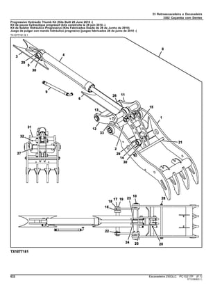 33 Retroescavadeira e Escavadeira
3302 Caçamba com Dentes
Progressive Hydraulic Thumb Kit (Kits Built 28 June 2010 -)
Kit de pouce hydraulique progressif (kits construits le 28 juin 2010 -)
Kit de Seletor Hidráulico Progressivo (Kits Fabricados Desde de 28 de Junho de 2010)
Juego de pulgar con mando hidráulico progresivo (juegos fabricados 28 de junio de 2010 -)
TX1077181 B.1
632 Escavadeira 250GLC PC10217P (F.1)
ST123908(D.1)
 