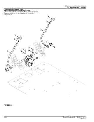 33 Retroescavadeira e Escavadeira
3315 Articulação dos Controles
Travel Pilot Control Valve Lever
Levier de distributeur pilote de déplacement
Alavanca da Válvula de Controle Piloto de Deslocamento
Palanca de válvula de control piloto de propulsión
TX1088956 A.2
646 Escavadeira 250GLC PC10217P (F.1)
ST380314(I.1)
 