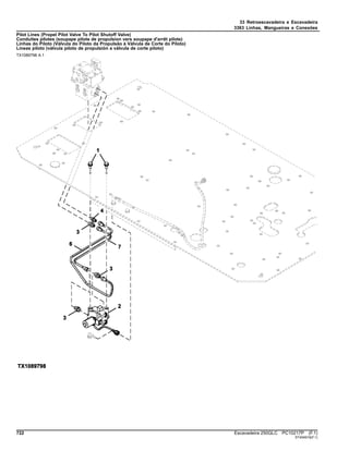 33 Retroescavadeira e Escavadeira
3363 Linhas, Mangueiras e Conexões
Pilot Lines (Propel Pilot Valve To Pilot Shutoff Valve)
Conduites pilotes (soupape pilote de propulsion vers soupape d'arrêt pilote)
Linhas do Piloto (Válvula do Piloto da Propulsão à Válvula de Corte do Piloto)
Líneas piloto (válvula piloto de propulsión a válvula de corte piloto)
TX1089798 A.1
722 Escavadeira 250GLC PC10217P (F.1)
ST404916(F.1)
 
