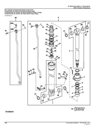 33 Retroescavadeira e Escavadeira
3365 Cilindros Hidráulicos
Arm Cylinder Components (Super Long Front)
Composants de vérin de bras (avant super long)
Componentes do Cilindro do Braço (Dianteira Super Longa)
Componentes de cilindro de brazo (frente súper largo)
TX1093418 A.1
736 Escavadeira 250GLC PC10217P (F.1)
ST15622(F.1)
 