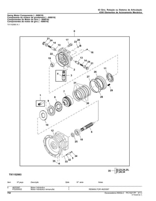 43 Giro, Rotação ou Sistema de Articulação
4350 Elementos de Acionamento Mecânico
Swing Motor Components ( - 608016)
Composants du moteur de pivotement ( - 608016)
Componentes do Motor do Giro ( - 608016)
Componentes de motor de giro ( - 608016)
TX1152993 A.1
Item Nº peça Descrição Qtde Nº série Notas
0 4625367 Motor hidráulico 1
PG200002 Motor hidráulico remanufat. 1 REMAN FOR 4625367
754 Escavadeira 250GLC PC10217P (F.1)
ST783281(B.1)
 