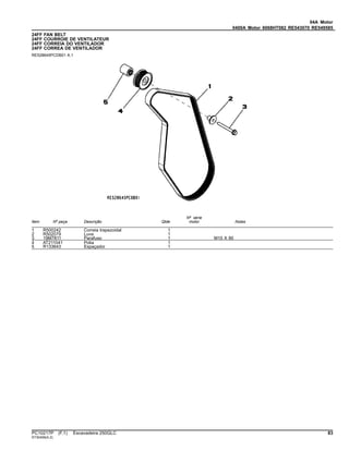 04A Motor
0400A Motor 6068HT082 RE543070 RE549585
24FF FAN BELT
24FF COURROIE DE VENTILATEUR
24FF CORREIA DO VENTILADOR
24FF CORREA DE VENTILADOR
RE528645PCDB01 A.1
Item Nº peça Descrição Qtde
Nº série
motor Notas
1 R500242 Correia trapezoidal 1
2 R502079 Luva 1
3 19M7811 Parafuso 1 M10 X 90
4 AT211041 Polia 1
5 R133643 Espaçador 1
PC10217P (F.1) Escavadeira 250GLC 83
ST30406(A.2)
 