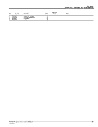 04A Motor
0400A Motor 6068HT082 RE543070 RE549585
Item Nº peça Descrição Qtde
Nº série
motor Notas
1 R527625 Coletor de escape 1
2 R522554 Parafuso sextavado 12
3 R526941 Espaçador 12
4 R519488 Junta 6
PC10217P (F.1) Escavadeira 250GLC 87
ST30408(B.1)
 