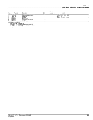 04A Motor
0400A Motor 6068HT082 RE543070 RE549585
Item Nº peça Descrição Qtde
Nº série
motor Notas
1 TY22450 Mangueira em metro 1 (A) LGTH = 1510 MM
2 19M7784 Parafuso 1 M10 X 20
3 28H1517 Arruela 1 0.493" X 0.675" X 1/4"
4 R72659 Braçadeira 1
5 R120467 Conexão em ângulo 1
6 R72328 Anel o 1
(A) CUT TO LENGTH
COUPER A LONGUEUR
CORTAR NO COMPRIMENTO CORRETO
CORTAR A LONGITUD
PC10217P (F.1) Escavadeira 250GLC 89
ST30409(A.2)
 