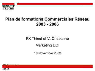 Plan de formations commerciales
18 décembre
2002
Marketing DOI – FX Thinet
Plan de formations Commerciales Réseau
2003 - 2006
FX Thinet et V. Chabanne
Marketing DOI
18 Novembre 2002
 