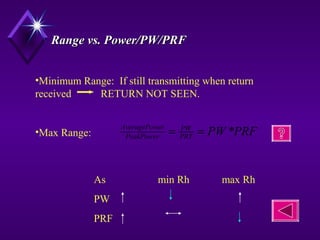 Range vs. Power/PW/PRFRange vs. Power/PW/PRF
•Minimum Range: If still transmitting when return
received RETURN NOT SEEN.
•Max Range: PRFPWPRT
PW
PeakPower
erAveragePow
*==
As min Rh max Rh
PW
PRF
 