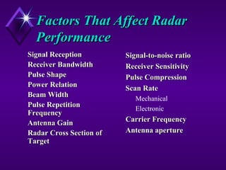 Factors That Affect RadarFactors That Affect Radar
PerformancePerformance
Signal ReceptionSignal Reception
Receiver BandwidthReceiver Bandwidth
Pulse ShapePulse Shape
Power RelationPower Relation
Beam WidthBeam Width
Pulse RepetitionPulse Repetition
FrequencyFrequency
Antenna GainAntenna Gain
Radar Cross Section ofRadar Cross Section of
TargetTarget
Signal-to-noise ratioSignal-to-noise ratio
Receiver SensitivityReceiver Sensitivity
Pulse CompressionPulse Compression
Scan RateScan Rate
Mechanical
Electronic
Carrier FrequencyCarrier Frequency
Antenna apertureAntenna aperture
 