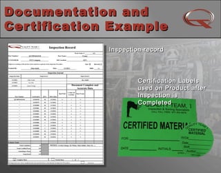 Documentation andDocumentation and
Certification ExampleCertification Example
12
Inspection recordInspection record
Certification LabelsCertification Labels
used on Product afterused on Product after
Inspection isInspection is
CompletedCompleted
12
 