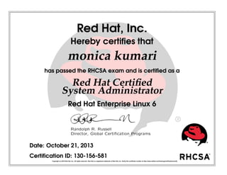 Red Hat, Inc.
Hereby certiﬁes that
monica kumari
has passed the RHCSA exam and is certiﬁed as a
Red Hat Certiﬁed
System Administrator
Red Hat Enterprise Linux 6
Randolph R. Russell
Director, Global Certiﬁcation Programs
Date: October 21, 2013
Certiﬁcation ID: 130-156-581
Copyright (c) 2010 Red Hat, Inc. All rights reserved. Red Hat is a registered trademark of Red Hat, Inc. Verify this certiﬁcate number at http://www.redhat.com/training/certiﬁcation/verify
 