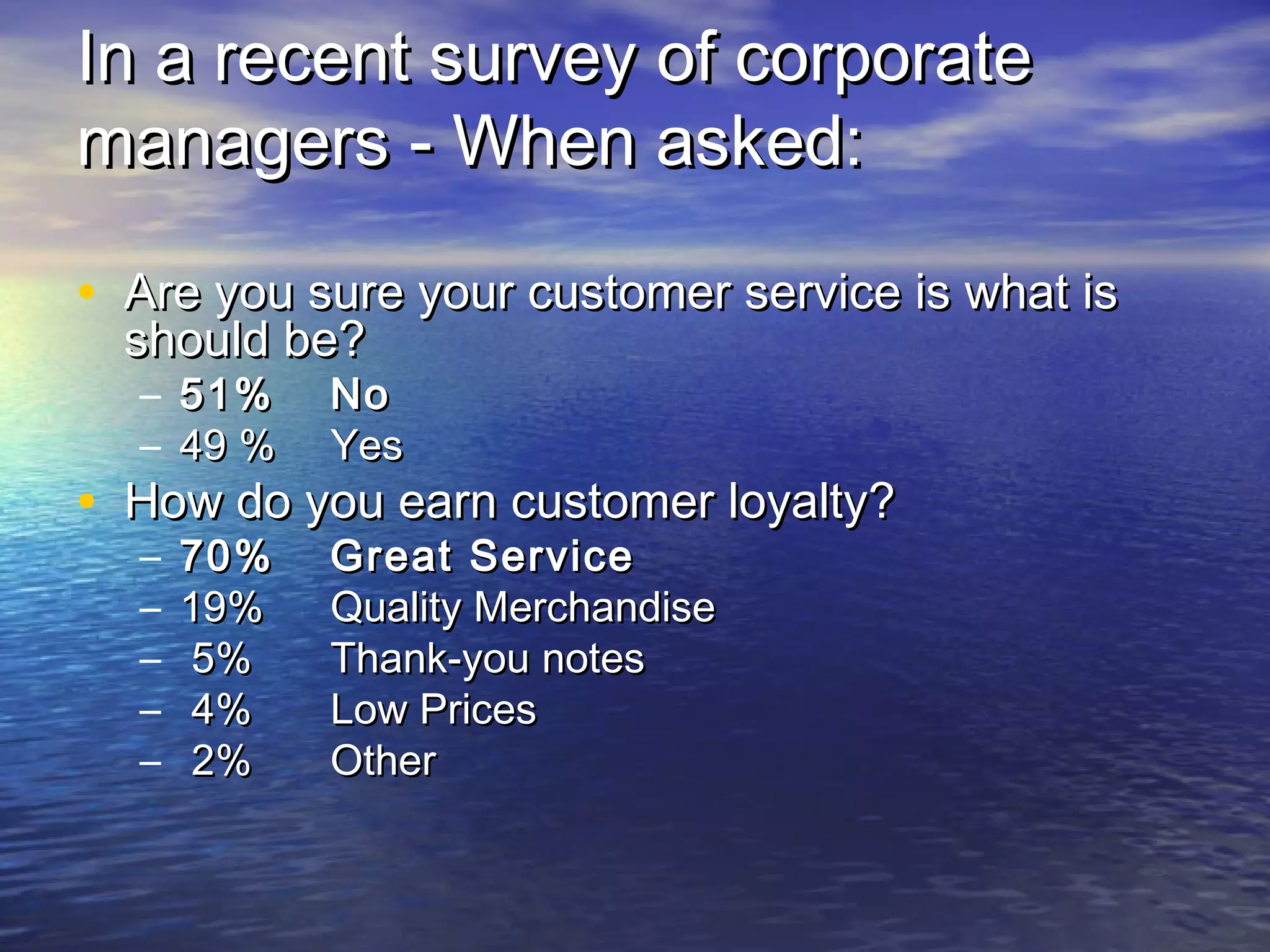 In a recent survey of corporateIn a recent survey of corporate
managers - When asked:managers - When asked:
• Are you sure your customer service is what isAre you sure your customer service is what is
should be?should be?
– 51%51% NoNo
– 49 %49 % YesYes
• How do you earn customer loyalty?How do you earn customer loyalty?
– 70%70% Great ServiceGreat Service
– 19%19% Quality MerchandiseQuality Merchandise
– 5%5% Thank-you notesThank-you notes
– 4%4% Low PricesLow Prices
– 2%2% OtherOther
 