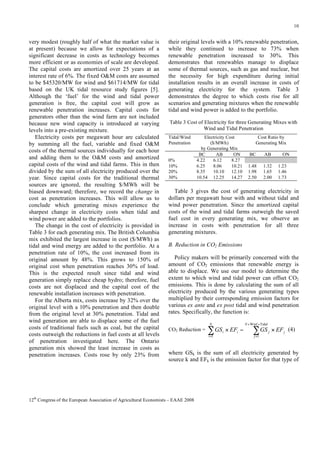 10

very modest (roughly half of what the market value is
at present) because we allow for expectations of a
significant decrease in costs as technology becomes
more efficient or as economies of scale are developed.
The capital costs are amortized over 25 years at an
interest rate of 6%. The fixed O&M costs are assumed
to be $45320/MW for wind and $61714/MW for tidal
based on the UK tidal resource study figures [5].
Although the ‘fuel’ for the wind and tidal power
generation is free, the capital cost will grow as
renewable penetration increases. Capital costs for
generators other than the wind farm are not included
because new wind capacity is introduced at varying
levels into a pre-existing mixture.
Electricity costs per megawatt hour are calculated
by summing all the fuel, variable and fixed O&M
costs of the thermal sources individually for each hour
and adding them to the O&M costs and amortized
capital costs of the wind and tidal farms. This in then
divided by the sum of all electricity produced over the
year. Since capital costs for the traditional thermal
sources are ignored, the resulting $/MWh will be
biased downward; therefore, we record the change in
cost as penetration increases. This will allow us to
conclude which generating mixes experience the
sharpest change in electricity costs when tidal and
wind power are added to the portfolios.
The change in the cost of electricity is provided in
Table 3 for each generating mix. The British Columbia
mix exhibited the largest increase in cost ($/MWh) as
tidal and wind energy are added to the portfolio. At a
penetration rate of 10%, the cost increased from its
original amount by 48%. This grows to 150% of
original cost when penetration reaches 30% of load.
This is the expected result since tidal and wind
generation simply replace cheap hydro; therefore, fuel
costs are not displaced and the capital cost of the
renewable installation increases with penetration.
For the Alberta mix, costs increase by 32% over the
original level with a 10% penetration and then double
from the original level at 30% penetration. Tidal and
wind generation are able to displace some of the fuel
costs of traditional fuels such as coal, but the capital
costs outweigh the reductions in fuel costs at all levels
of penetration investigated here. The Ontario
generation mix showed the least increase in costs as
penetration increases. Costs rose by only 23% from

their original levels with a 10% renewable penetration,
while they continued to increase to 73% when
renewable penetration increased to 30%. This
demonstrates that renewables manage to displace
some of thermal sources, such as gas and nuclear, but
the necessity for high expenditure during initial
installation results in an overall increase in costs of
generating electricity for the system. Table 3
demonstrates the degree to which costs rise for all
scenarios and generating mixtures when the renewable
tidal and wind power is added to the portfolio.
Table 3 Cost of Electricity for three Generating Mixes with
Wind and Tidal Penetration
Tidal/Wind
Penetration

0%
10%
20%
30%

Electricity Cost
($/MWh)
by Generating Mix
BC
AB
ON
4.22
6.12
8.27
6.25
8.06
10.21
8.35
10.10
12.10
10.54 12.25
14.27

Cost Ratio by
Generating Mix
BC

AB

ON

1.48
1.98
2.50

1.32
1.65
2.00

1.23
1.46
1.73

Table 3 gives the cost of generating electricity in
dollars per megawatt hour with and without tidal and
wind power penetration. Since the amortized capital
costs of the wind and tidal farms outweigh the saved
fuel cost in every generating mix, we observe an
increase in costs with penetration for all three
generating mixtures.
B. Reduction in CO2 Emissions
Policy makers will be primarily concerned with the
amount of CO2 emissions that renewable energy is
able to displace. We use our model to determine the
extent to which wind and tidal power can offset CO2
emissions. This is done by calculating the sum of all
electricity produced by the various generating types
multiplied by their corresponding emission factors for
various ex ante and ex post tidal and wind penetration
rates. Specifically, the function is:
N

CO2 Reduction =

! GS
i =1

i

" EFi #

N + Winf + Tidal

! GS

j

" EF j (4)

j =1

where GSk is the sum of all electricity generated by
source k and EFk is the emission factor for that type of

12th Congress of the European Association of Agricultural Economists – EAAE 2008

 