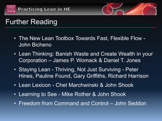 Further Reading

  • The New Lean Toolbox Towards Fast, Flexible Flow -
    John Bicheno
  • Lean Thinking: Banish Waste and Create Wealth in your
    Corporation – James P. Womack & Daniel T. Jones
  • Staying Lean - Thriving, Not Just Surviving - Peter
    Hines, Pauline Found, Gary Griffiths, Richard Harrison
  • Lean Lexicon - Chet Marchwinski & John Shook
  • Learning to See - Mike Rother & John Shook
  • Freedom from Command and Control – John Seddon
 
