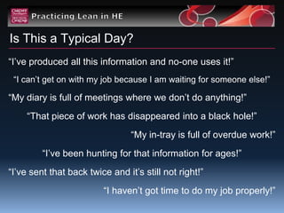 Is This a Typical Day?
“I‟ve produced all this information and no-one uses it!”
 “I can‟t get on with my job because I am waiting for someone else!”

“My diary is full of meetings where we don‟t do anything!”
     “That piece of work has disappeared into a black hole!”
                                 “My in-tray is full of overdue work!”
         “I‟ve been hunting for that information for ages!”
“I‟ve sent that back twice and it‟s still not right!”
                         “I haven‟t got time to do my job properly!”
 