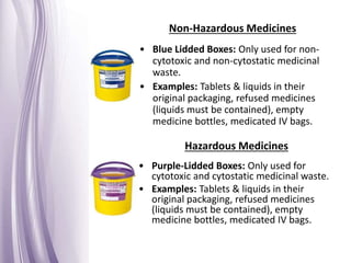 Non-Hazardous Medicines
• Blue Lidded Boxes: Only used for non-
cytotoxic and non-cytostatic medicinal
waste.
• Examples: Tablets & liquids in their
original packaging, refused medicines
(liquids must be contained), empty
medicine bottles, medicated IV bags.
• Purple-Lidded Boxes: Only used for
cytotoxic and cytostatic medicinal waste.
• Examples: Tablets & liquids in their
original packaging, refused medicines
(liquids must be contained), empty
medicine bottles, medicated IV bags.
Hazardous Medicines
 