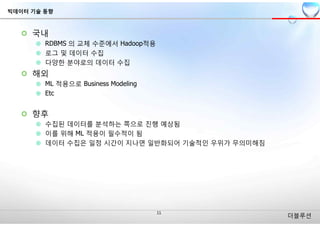 더블루션
¢ 국내
¤ RDBMS 의 교체 수준에서 Hadoop적용
¤ 로그 및 데이터 수집
¤ 다양한 분야로의 데이터 수집
¢ 해외
¤ ML 적용으로 Business Modeling
¤ Etc
¢ 향후
¤ 수집된 데이터를 분석하는 쪽으로 진행 예상됨
¤ 이를 위해 ML 적용이 필수적이 됨
¤ 데이터 수집은 일정 시간이 지나면 일반화되어 기술적인 우위가 무의미해짐
빅데이터 기술 동향
 