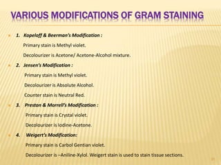 VARIOUS MODIFICATIONS OF GRAM STAINING
 1. Kopeloff & Beerman’s Modification :
Primary stain is Methyl violet.
Decolourizer is Acetone/ Acetone-Alcohol mixture.
 2. Jensen’s Modification :
Primary stain is Methyl violet.
Decolourizer is Absolute Alcohol.
Counter stain is Neutral Red.
 3. Preston & Morrell’s Modification :
Primary stain is Crystal violet.
Decolourizer is Iodine-Acetone.
 4. Weigert’s Modification:
Primary stain is Carbol Gentian violet.
Decolourizer is –Aniline-Xylol. Weigert stain is used to stain tissue sections.
31
 