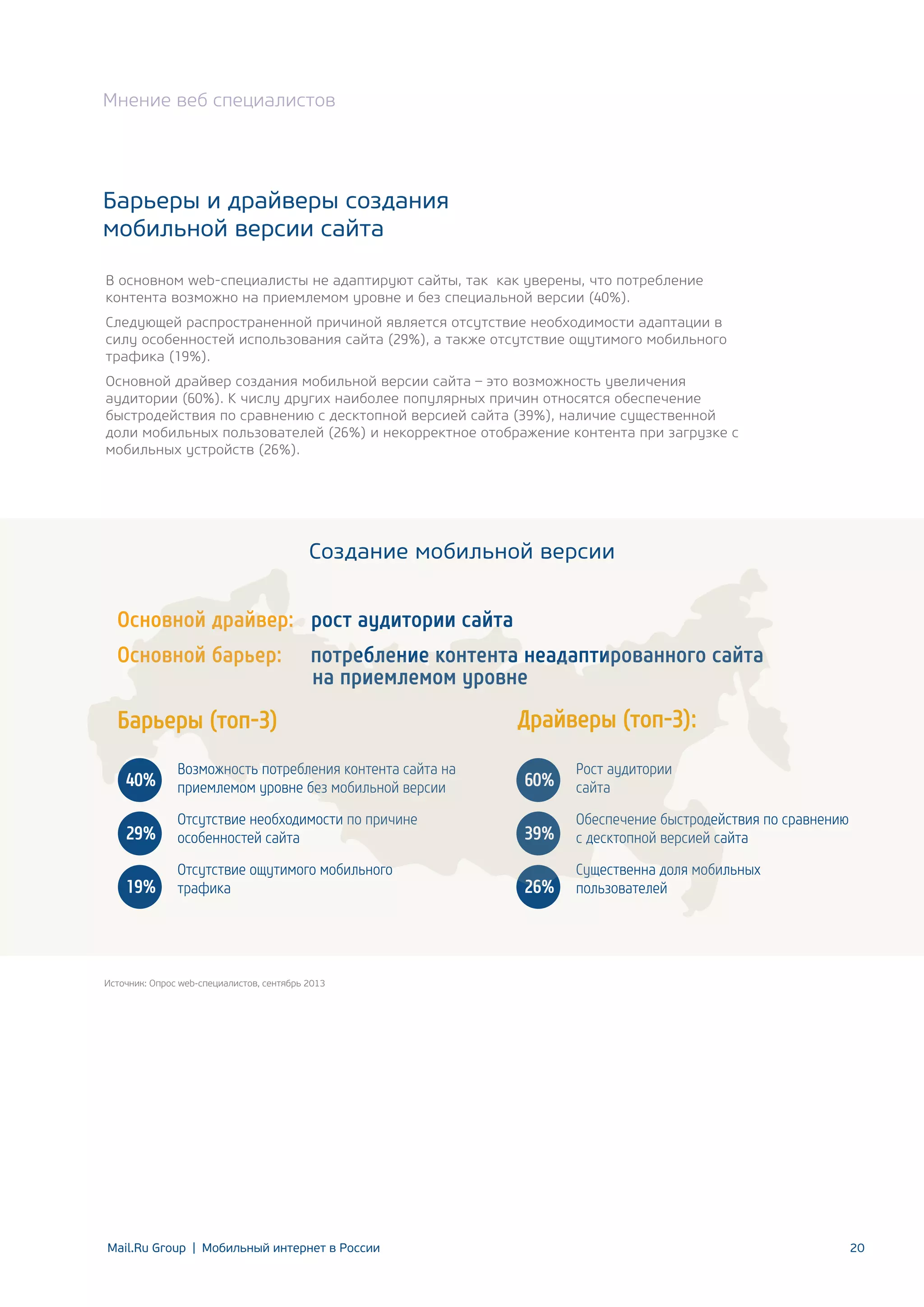 Мнение веб специалистов

Барьеры и драйверы создания
мобильной версии сайта
В основном web-специалисты не адаптируют сайты, так как уверены, что потребление
контента возможно на приемлемом уровне и без специальной версии (40%).
Следующей распространенной причиной является отсутствие необходимости адаптации в
силу особенностей использования сайта (29%), а также отсутствие ощутимого мобильного
трафика (19%).
Основной драйвер создания мобильной версии сайта – это возможность увеличения
аудитории (60%). К числу других наиболее популярных причин относятся обеспечение
быстродействия по сравнению с десктопной версией сайта (39%), наличие существенной
доли мобильных пользователей (26%) и некорректное отображение контента при загрузке с
мобильных устройств (26%).

Создание мобильной версии

Основной драйвер: рост аудитории сайта
Основной барьер:

потребление контента неадаптированного сайта
на приемлемом уровне

Барьеры (топ-3)

Драйверы (топ-3):

40%

Возможность потребления контента сайта на
приемлемом уровне без мобильной версии

60%

Рост аудитории
сайта

29%

Отсутствие необходимости по причине
особенностей сайта

39%

Обеспечение быстродействия по сравнению
с десктопной версией сайта

19%

Отсутствие ощутимого мобильного
трафика

26%

Существенна доля мобильных
пользователей

Источник: Опрос web-специалистов, сентябрь 2013

Mail.Ru Group | Мобильный интернет в России

20

 