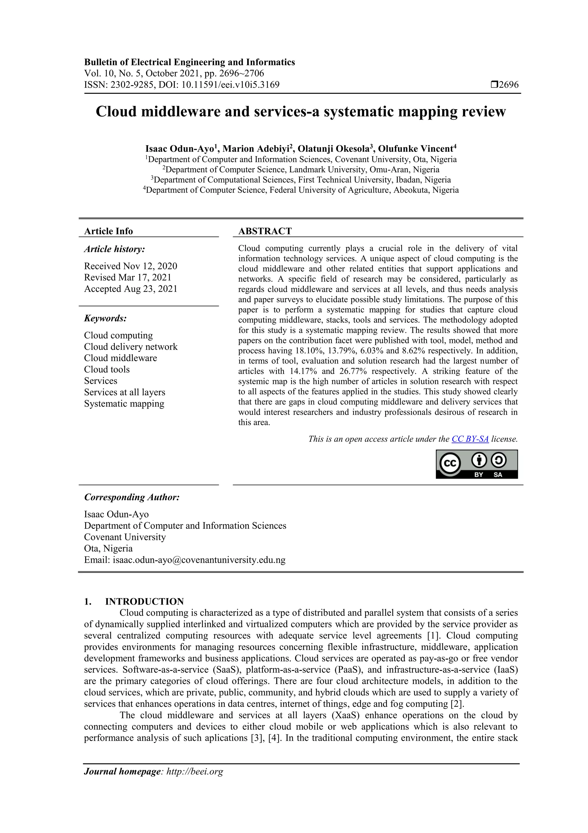 Cloud middleware and services-a systematic mapping review | PDF