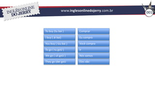 www.inglesonlinedojerry.com.br 001
To buy (tu bai )
I buy ( ái bai)
You buy ( iúu bai )
To go ( tu goU )
We go ( uíi goU )
They go (dei goU
Comprar
Eu compro
Você compra
Ir
Eles vão
Nós vamos
 