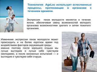 Технология AgeLoc использует естественные
                    процессы, протекающие в организме с
                    течением времени.


                   Экспрессия   генов молодости меняется в течение
                   жизни, обеспечивая смену возможностей молодого
                   организма возможностями зрелого и затем пожилого
                   организма.



Изменение экспрессии генов молодости может
происходить и на более короткое время под
воздействием факторов окружающей среды:
именно поэтому после хорошего отдыха мы
лучше выглядим и лучше себя чувствуем
(молодеем), а после жизненных испытаний — и
выглядим и чувствуем себя старше.
 