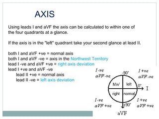 AXIS
Using leads I and aVF the axis can be calculated to within one of
the four quadrants at a glance.
If the axis is in the "left" quadrant take your second glance at lead II.
both I and aVF +ve = normal axis
both I and aVF -ve = axis in the Northwest Territory
lead I -ve and aVF +ve = right axis deviation
lead I +ve and aVF -ve
lead II +ve = normal axis
lead II -ve = left axis deviation
 