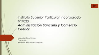 Instituto Superior Particular Incorporado
Nº4033
Administración Bancaria y Comercio
Exterior
Materia : Economía
Docente :
Alumna: Aldana Ackerman.
 