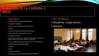 DURACIÓN DE LA CARRERA 3
AÑOS
• Campo Laboral
• ACTIVIDAD EN RELACIÓN DE DEPENDENCIA:
• En Organismos Oficiales:
• -Direcciones Provinciales de Comercio Exterior
• -Aduana
• -Ministerio de Relaciones Exteriores de la Nación
• -Bancos: Área de Comercio Exterior - Otras
• En Empresas Privadas:
• -Empresas que importen o exporten: (Departamento de Comercio
Exterior Gerencia Financiera -Gerencia Comercial)
• -Bancos: (Departamento de Comercio Exterior - Otras Oficinas)
• EJERCICIO DE LA PROFESIÒN LIBERAL:
• -Empresas
• -Bancos
• -Organismos Oficiales
• -Entidades Intermedias (Cámara Comercio Exterior)
• Plan de Estudio
• Disciplinas Carga horaria
• Semanal
 