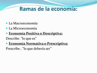 Ramas de la economía:

 La Macroeconomía
 La Microeconomía
 Economía Positiva o Descriptiva:
Describe. “lo que es”
 Economía Normativa o Prescriptiva:
Prescribe , “lo que debería ser”
 