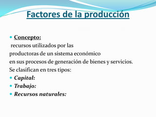 Factores de la producción

 Concepto:
recursos utilizados por las
productoras de un sistema económico
en sus procesos de generación de bienes y servicios.
Se clasifican en tres tipos:
 Capital:
 Trabajo:
 Recursos naturales:
 