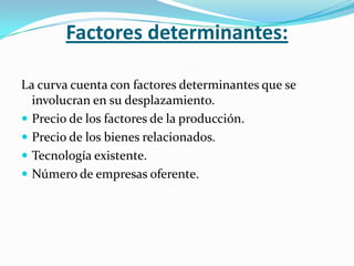 Factores determinantes:

La curva cuenta con factores determinantes que se
  involucran en su desplazamiento.
 Precio de los factores de la producción.
 Precio de los bienes relacionados.
 Tecnología existente.
 Número de empresas oferente.
 