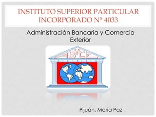 INSTITUTO SUPERIOR PARTICULAR
      INCORPORADO N° 4033
  Administración Bancaria y Comercio
                Exterior




                  Pijuán, María Paz
 