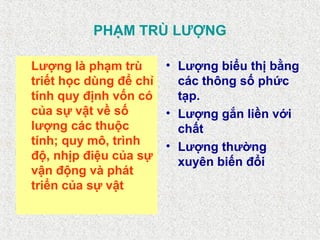 PHẠM TRÙ LƯỢNG
Lượng là phạm trù
triết học dùng để chỉ
tính quy định vốn có
của sự vật về số
lượng các thuộc
tính; quy mô, trình
độ, nhịp điệu của sự
vận động và phát
triển của sự vật
• Lượng biểu thị bằng
các thông số phức
tạp.
• Lượng gắn liền với
chất
• Lượng thường
xuyên biến đổi
Tải bản FULL (file ppt 59 trang): bit.ly/3rOLBb6
Dự phòng: fb.com/TaiHo123doc.net
 