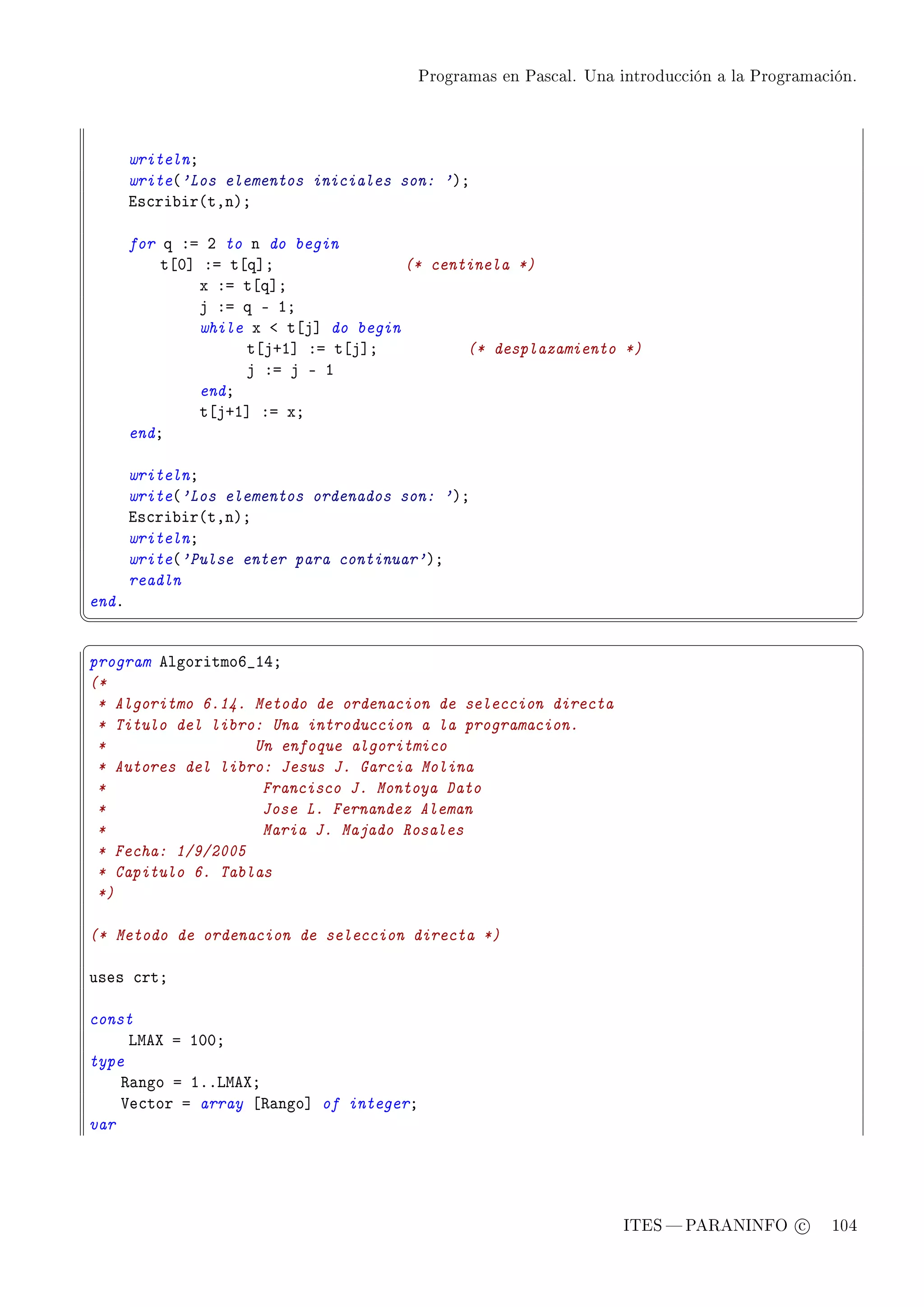Programas en Pascal. Una introducción a la Programación.




       writelnY
       write@'Los elementos iniciales son: 'AY
       is™ri˜ir@tDnAY

       for q Xa P to n do begin
           t‘H“ Xa t‘q“Y               (* centinela *)
               x Xa t‘q“Y
               j Xa q E IY
               while x ` t‘j“ do begin
                     t‘jCI“ Xa t‘j“Y          (* desplazamiento *)
                     j Xa j E I
               endY
               t‘jCI“ Xa xY
       endY

       writelnY
       write@'Los elementos ordenados son: 'AY
       is™ri˜ir@tDnAY
       writelnY
       write@'Pulse enter para continuar'AY
       readln
endF
¦
                                                                                                   ¥
§                                                                                                   ¤
program elgoritmoT•IRY
(*
 * Algoritmo 6.14. Metodo de ordenacion de seleccion directa
 * Titulo del libro: Una introduccion a la programacion.
 *                 Un enfoque algoritmico
 * Autores del libro: Jesus J. Garcia Molina
 *                  Francisco J. Montoya Dato
 *                  Jose L. Fernandez Aleman
 *                  Maria J. Majado Rosales
 * Fecha: 1/9/2005
 * Capitulo 6. Tablas
 *)

(* Metodo de ordenacion de seleccion directa *)

uses ™rtY

const
     vweˆ a IHHY
type
    ‚—ngo a IFFvweˆY
    †e™tor a array ‘‚—ngo“ of integerY
var




                                                                   ITES  PARANINFO c        104
 