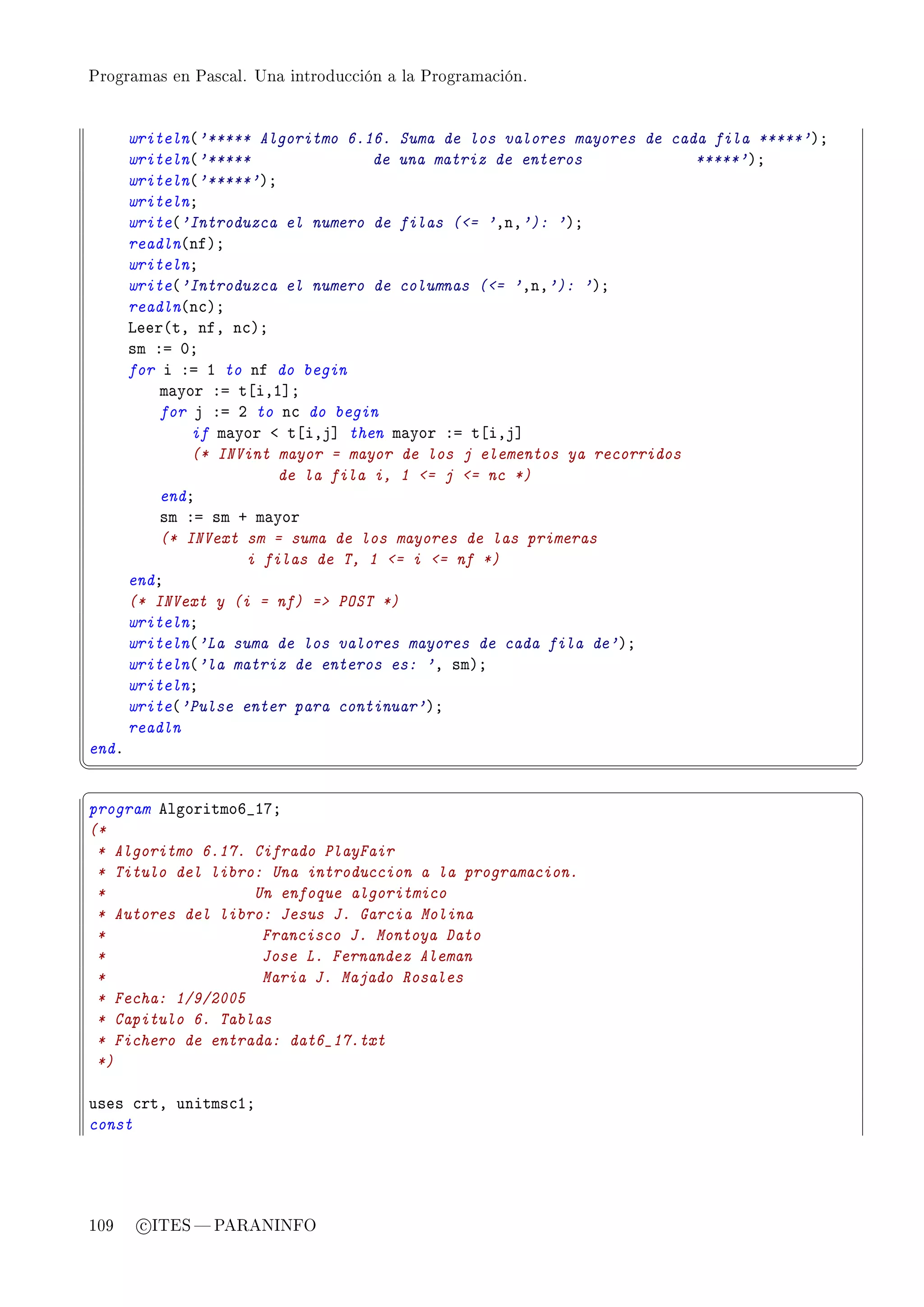 Programas en Pascal. Una introducción a la Programación.




       writeln@'***** Algoritmo 6.16. Suma de los valores mayores de cada fila *****'AY
       writeln@'*****               de una matriz de enteros            *****'AY
       writeln@'*****'AY
       writelnY
       write@'Introduzca el numero de filas (= 'DnD'): 'AY
       readln@nfAY
       writelnY
       write@'Introduzca el numero de columnas (= 'DnD'): 'AY
       readln@n™AY
       veer@tD nfD n™AY
       sm Xa HY
       for i Xa I to nf do begin
           m—yor Xa t‘iDI“Y
           for j Xa P to n™ do begin
               if m—yor ` t‘iDj“ then m—yor Xa t‘iDj“
               (* INVint mayor = mayor de los j elementos ya recorridos
                         de la fila i, 1 = j = nc *)
           endY
           sm Xa sm C m—yor
           (* INVext sm = suma de los mayores de las primeras
                     i filas de T, 1 = i = nf *)
       endY
       (* INVext y (i = nf) = POST *)
       writelnY
       writeln@'La suma de los valores mayores de cada fila de'AY
       writeln@'la matriz de enteros es: 'D smAY
       writelnY
       write@'Pulse enter para continuar'AY
       readln
endF
¦
                                                                                         ¥
§                                                                                         ¤
program elgoritmoT•IUY
(*
 * Algoritmo 6.17. Cifrado PlayFair
 * Titulo del libro: Una introduccion a la programacion.
 *                 Un enfoque algoritmico
 * Autores del libro: Jesus J. Garcia Molina
 *                  Francisco J. Montoya Dato
 *                  Jose L. Fernandez Aleman
 *                  Maria J. Majado Rosales
 * Fecha: 1/9/2005
 * Capitulo 6. Tablas
 * Fichero de entrada: dat6_17.txt
 *)

uses ™rtD unitms™IY
const




109     c ITES  PARANINFO
 