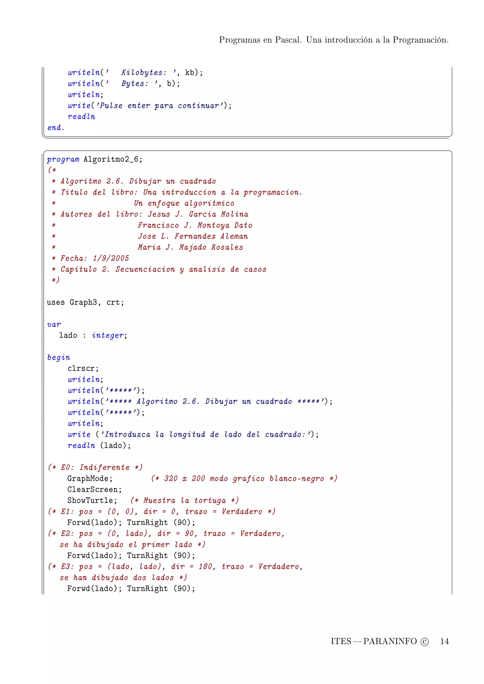 Programas en Pascal. Una introducción a la Programación.




       writeln@' Kilobytes: 'D k˜AY
       writeln@' Bytes: 'D ˜AY
       writelnY
       write@'Pulse enter para continuar'AY
       readln
endF
¦
                                                                                                  ¥
§                                                                                                  ¤
program elgoritmoP•TY
(*
 * Algoritmo 2.6. Dibujar un cuadrado
 * Titulo del libro: Una introduccion a la programacion.
 *                 Un enfoque algoritmico
 * Autores del libro: Jesus J. Garcia Molina
 *                  Francisco J. Montoya Dato
 *                  Jose L. Fernandez Aleman
 *                  Maria J. Majado Rosales
 * Fecha: 1/9/2005
 * Capitulo 2. Secuenciacion y analisis de casos
 *)

uses qr—phQD ™rtY

var
   l—do X integerY

begin
    ™lrs™rY
    writelnY
    writeln@'*****'AY
    writeln@'***** Algoritmo 2.6. Dibujar un cuadrado *****'AY
    writeln@'*****'AY
    writelnY
    write @'Introduzca la longitud de lado del cuadrado:'AY
    readln @l—doAY

(* E0: Indiferente *)
     qr—phwodeY        (* 320 x 200 modo grafico blanco-negro *)
     gle—rƒ™reenY
     ƒhow„urtleY (* Muestra la tortuga *)
(* E1: pos = (0, 0), dir = 0, trazo = Verdadero *)
     porwd@l—doAY „urn‚ight @WHAY
(* E2: pos = (0, lado), dir = 90, trazo = Verdadero,
   se ha dibujado el primer lado *)
     porwd@l—doAY „urn‚ight @WHAY
(* E3: pos = (lado, lado), dir = 180, trazo = Verdadero,
   se han dibujado dos lados *)
     porwd@l—doAY „urn‚ight @WHAY




                                                                   ITES  PARANINFO c        14
 